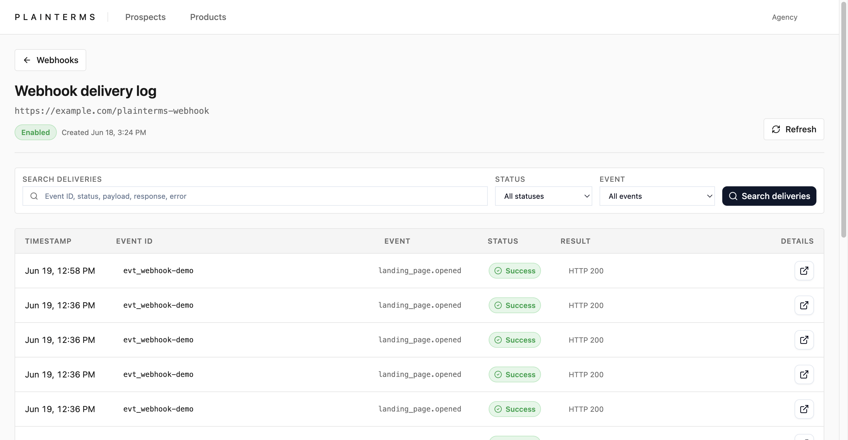 Plainterms webhook delivery log