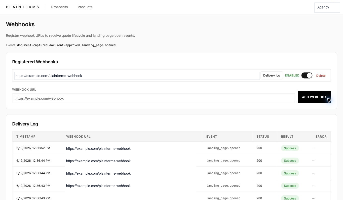 Plainterms Webhooks settings